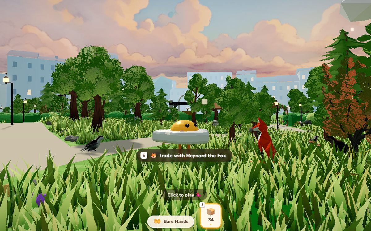 Reynard the Fox waiting in the tall meadow grass beside the player, offering a trade