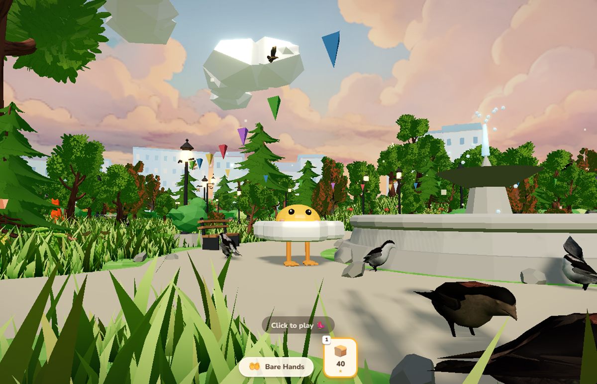Your egg-with-legs park keeper at the Sunny Park fountain under pink clouds, pigeons and sparrows pecking around the plaza