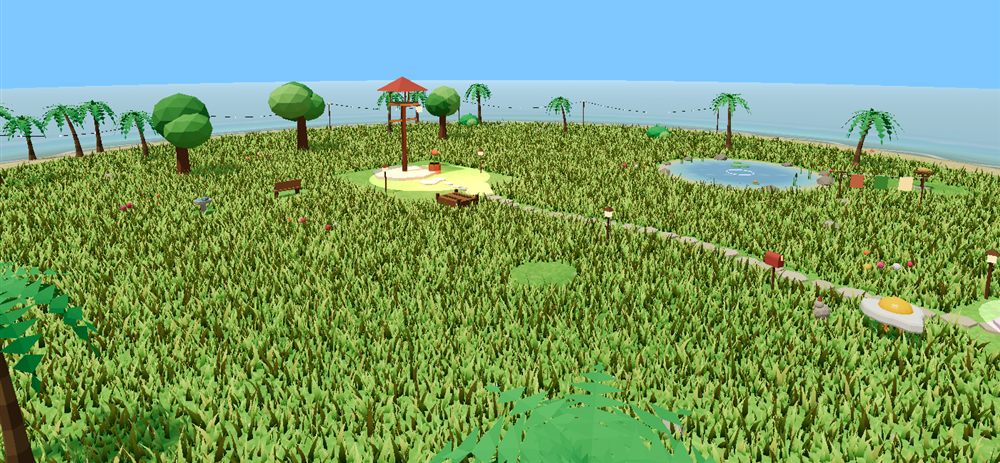 The player's tropical home island with a garden pond, palm trees, lantern path and wind-blown grass