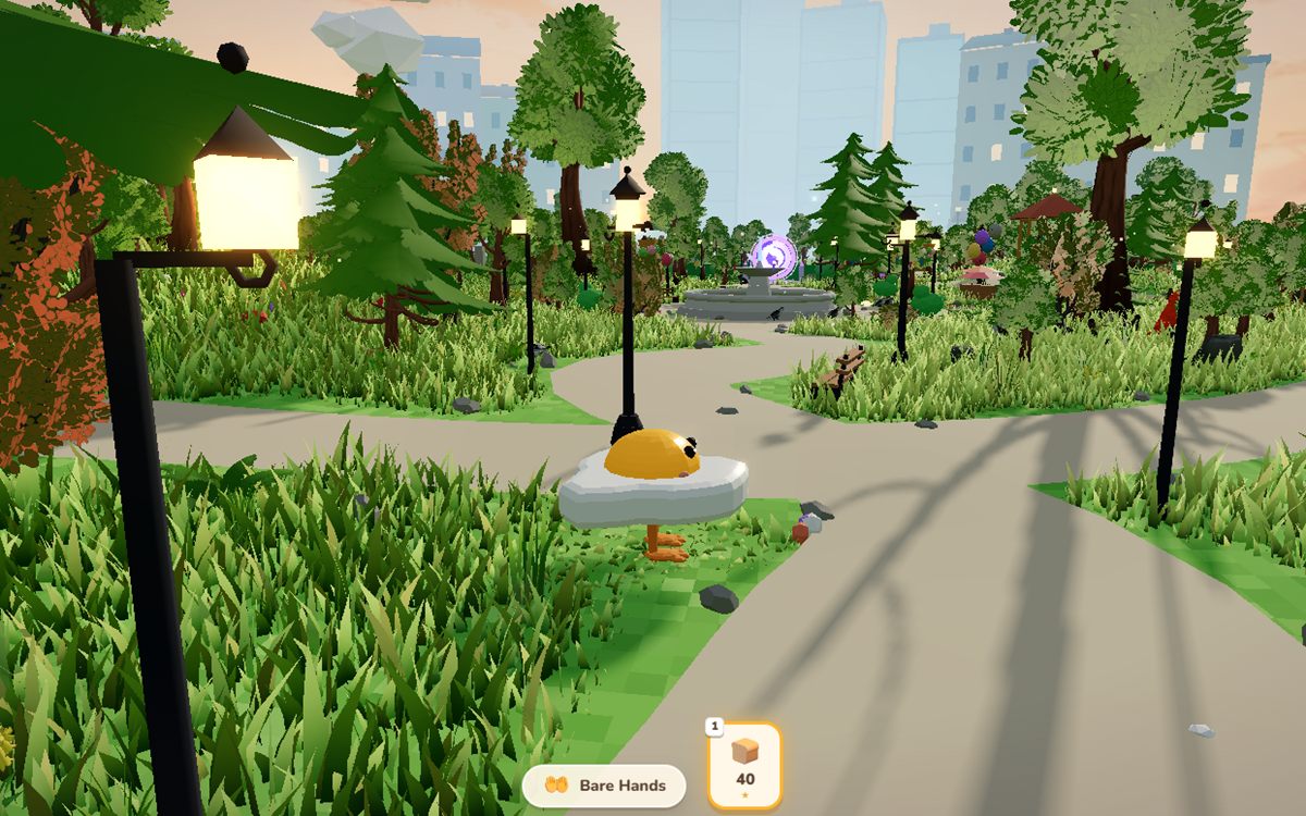 Golden-hour walkways winding through tall meadow grass toward the fountain, street lamps aglow